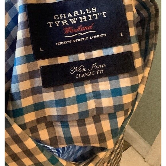 Charles Tyrwhitt Shirt Mens Large Blue Gingham Weekend Non Iron Classic Fit - Picture 5 of 6